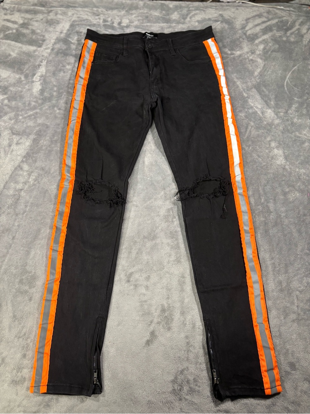 Black NovaMen’s Skinny Jeans with Orange Reflective Side Stripes